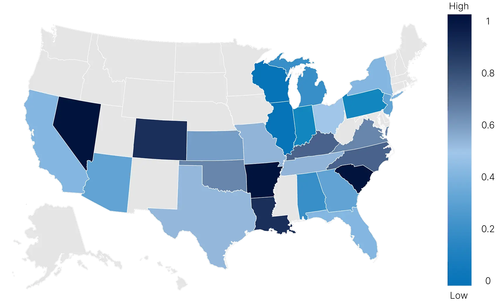 A choropleth map of the United States showing a normalized metric (scaled 0 to 1) by state, using a gradient from light blue/gray (low, near 0) to dark navy (high, near 1). The darkest states, indicating the highest values, include Nevada, Colorado, Arkansas, Louisiana, and South Carolina. Moderately high values appear in Michigan, Illinois, Indiana, North Carolina, and Pennsylvania. Many western and southern states show low to moderate values, while several states in the northern plains and parts of the Northeast appear in very light shades, indicating minimal values. Some states appear to have no data (shown in gray).